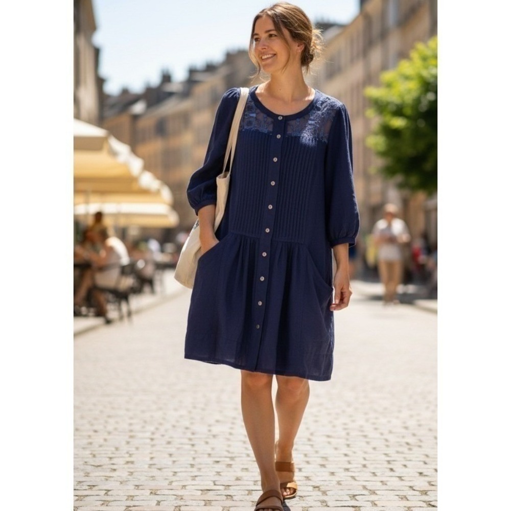 Anthropologie Tunic Dress Women Size 4 Navy Blue Lace Pintuck Button Front Rayon